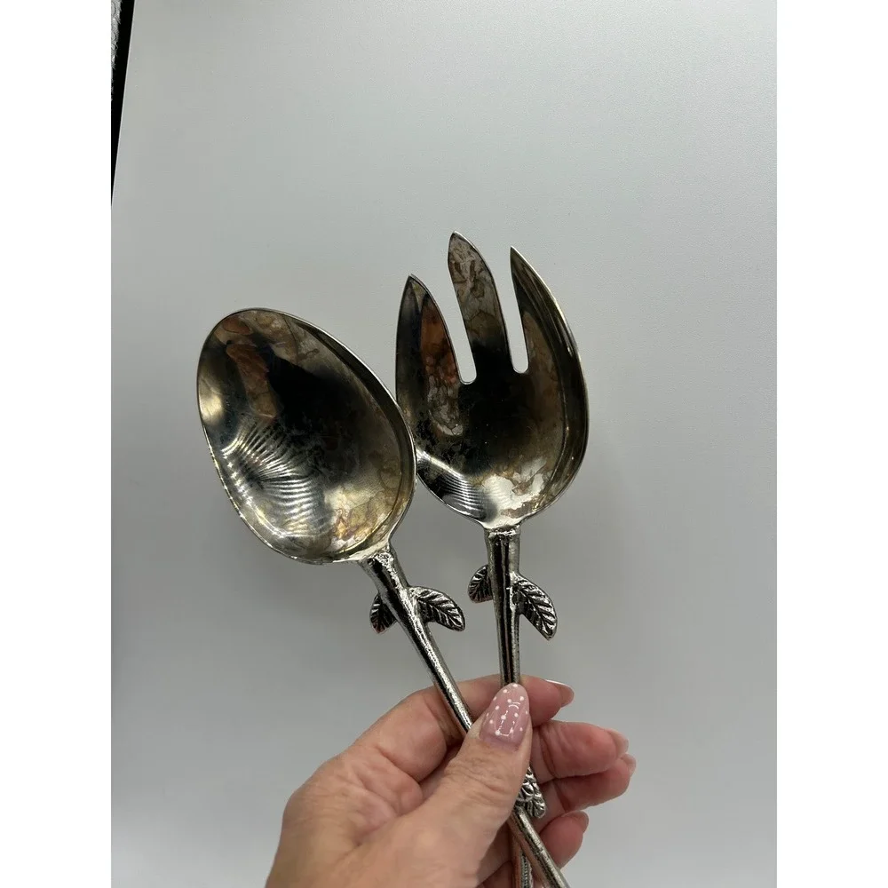 Vintage Style Bird on Branch Salad Server Set Silver Gold Tone Spoon and Fork